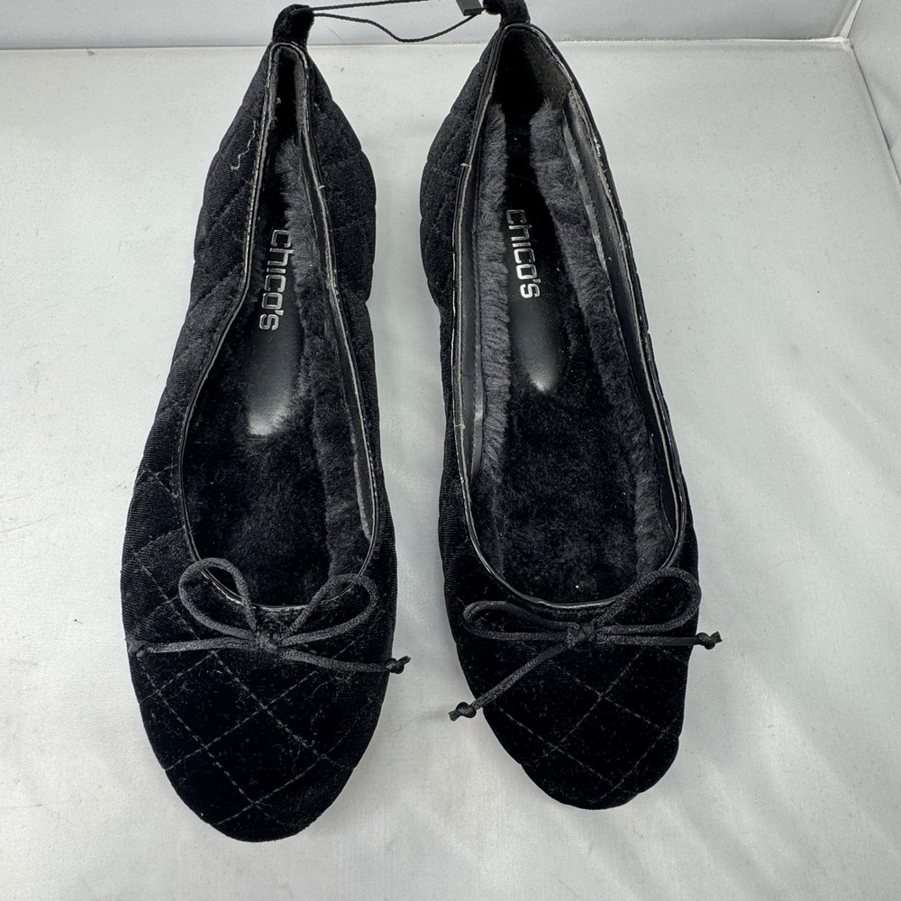 Chico's Ballet Flats Women Size 9 Black Quilted Velvet Faux Fur Bow Balletcore